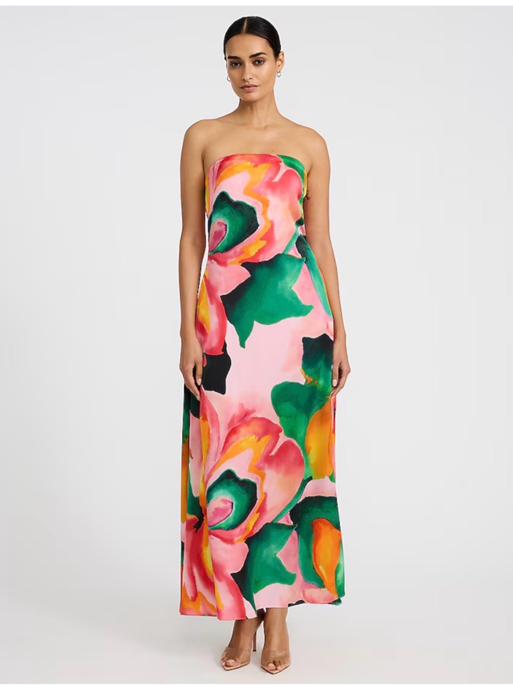 Satin Floral Strapless Maxi Sheath Dress with Pockets